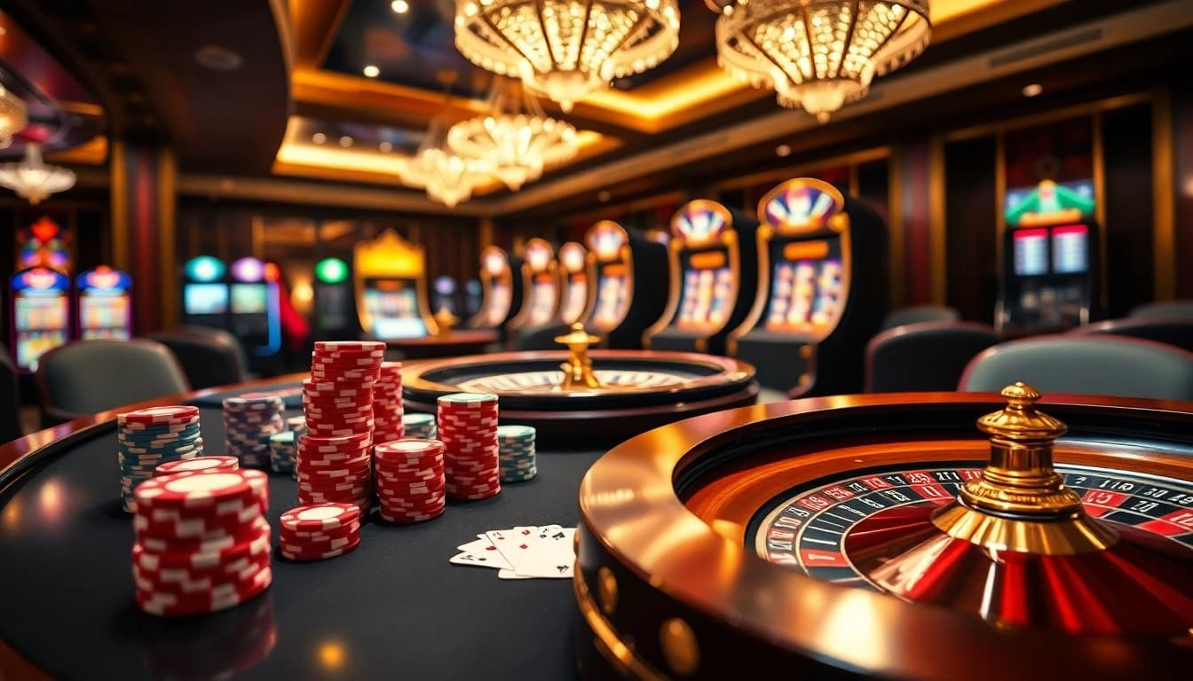 Experience the exhilaration of 789club with vibrant poker chips and cards in a luxurious casino setting.
