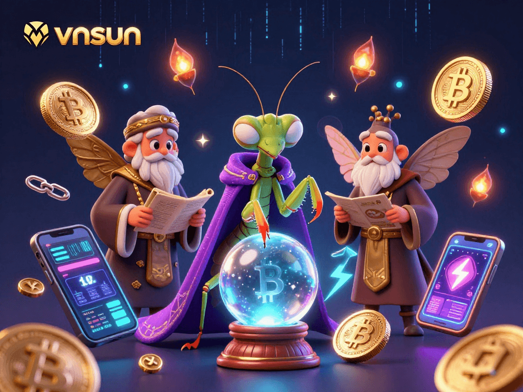 Experience the excitement of vnsun with a mystical scene featuring fortune tellers and crypto elements.