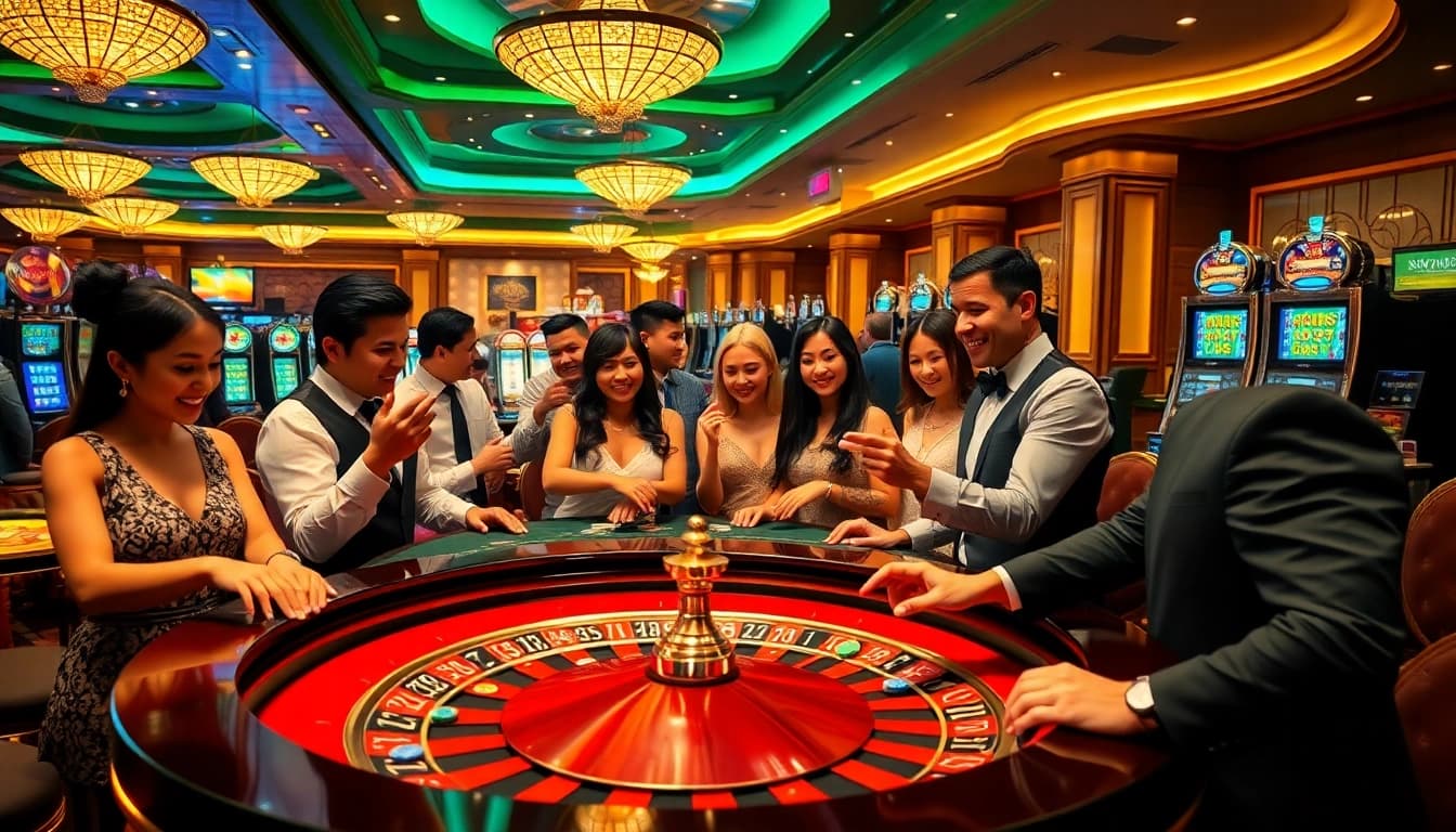 players enjoying live casino games at https://bong99.pro/, surrounded by vibrant atmosphere and high-stakes excitement.