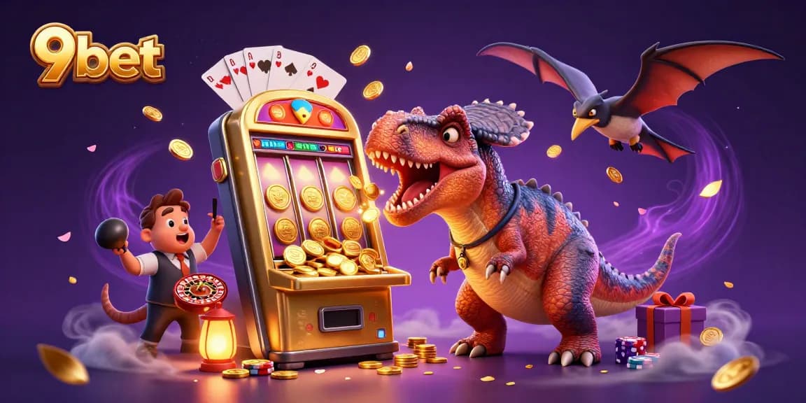 9bet showcases a vibrant casino scene with characters engaging in dynamic gaming actions amidst flying coins.