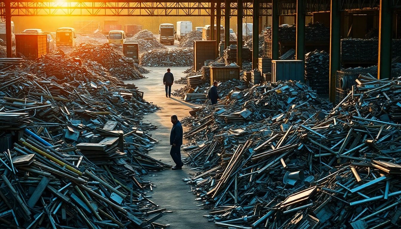 Schrotthandel Wuppertal – Ein lebhafter Schrottplatz voller Metalle, der Recycling betont.