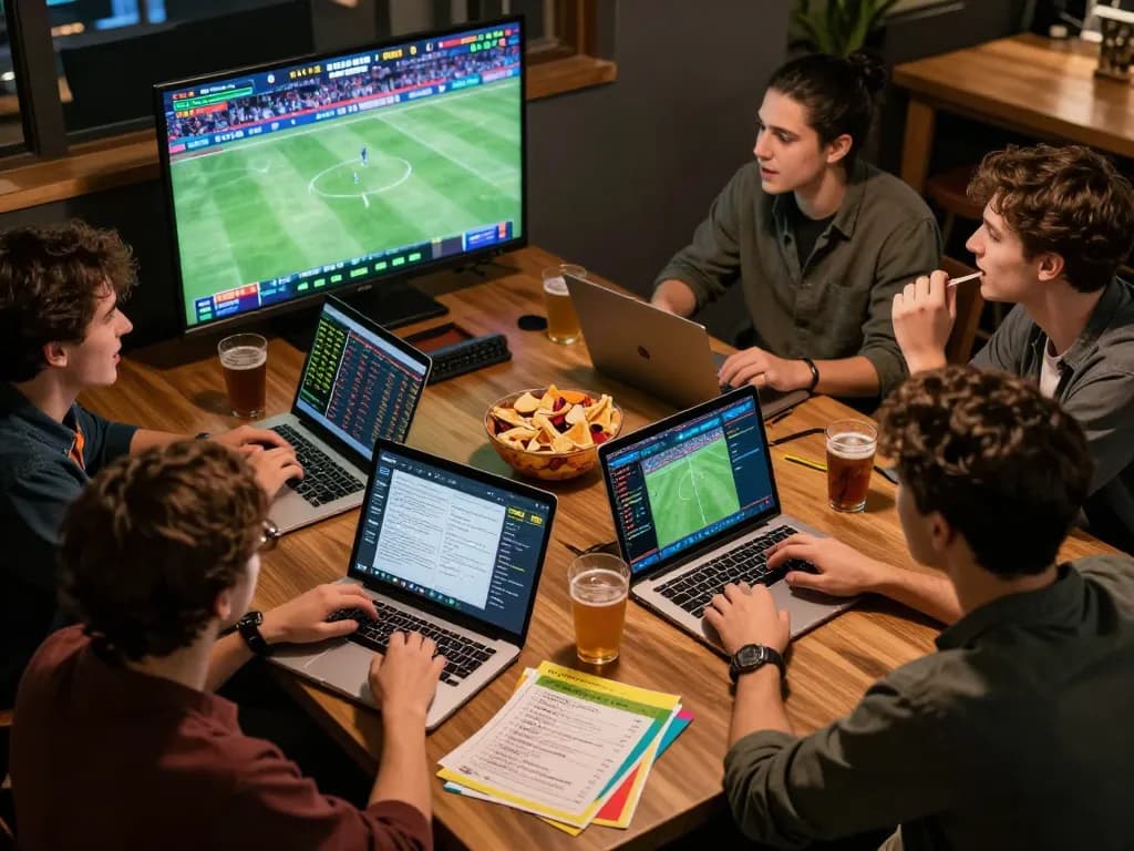 Friends engaging in sports betting strategies while using F168 for live betting analysis.