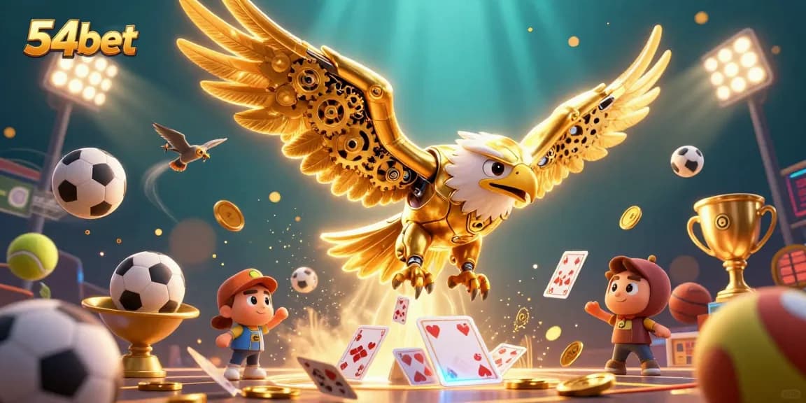 Experience exhilarating entertainment with 54bet as the golden eagle dives through animated playing cards and sports elements.