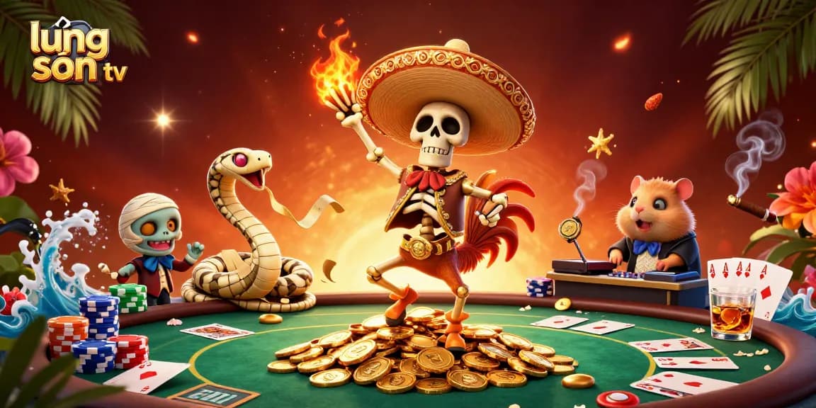 Experience thrilling gaming with lương sơn tv's vibrant casino illustration featuring lively characters and poker elements.
