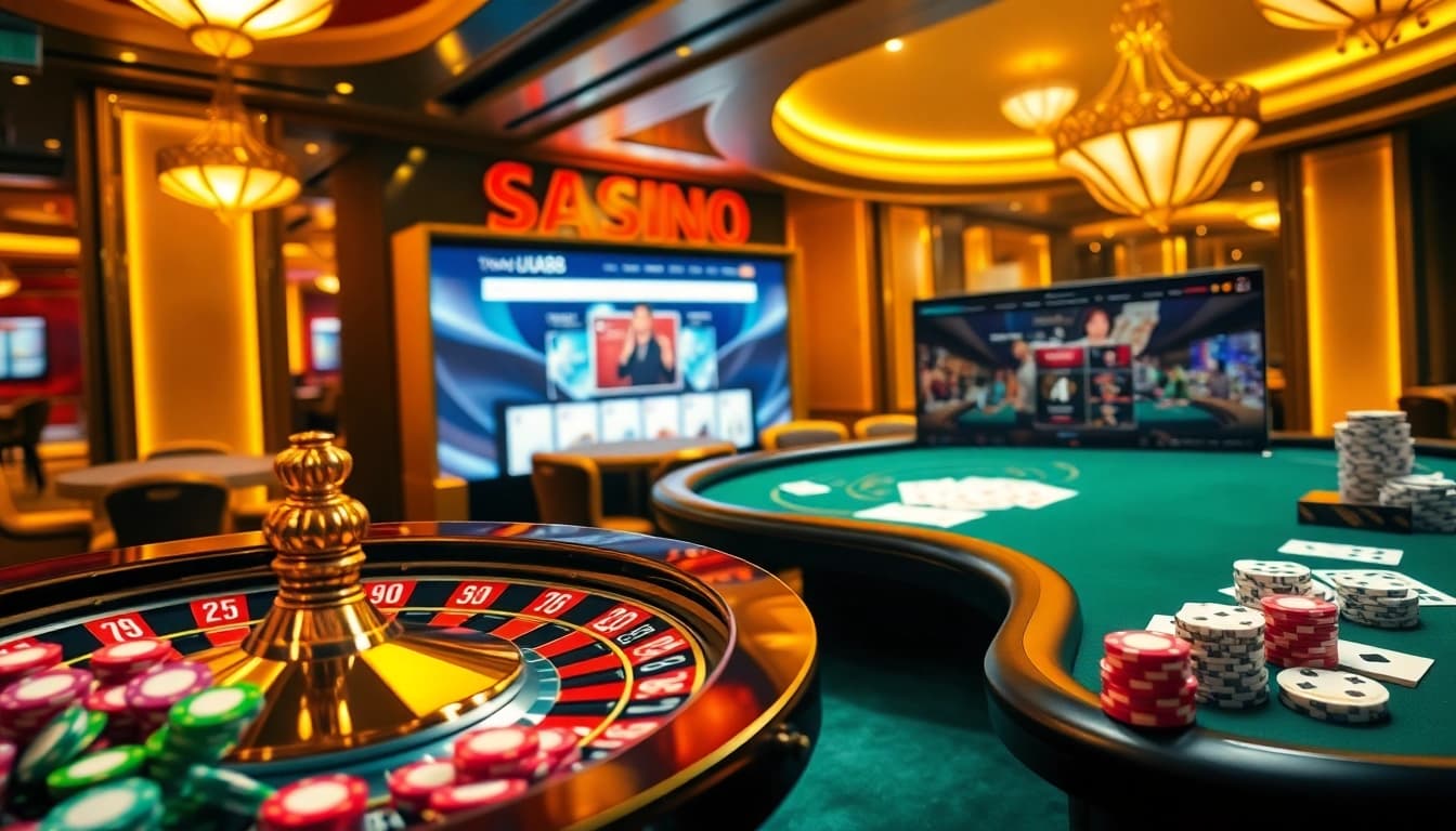 Exciting visual representing trang chủ uu88 with vibrant casino atmosphere, roulette, and poker elements.