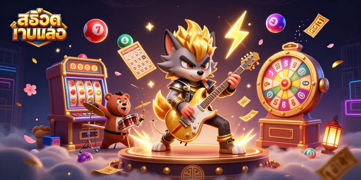 Engage with สล็อตเว็บตรง slots, featuring a dynamic 3D scene of characters on a casino stage.