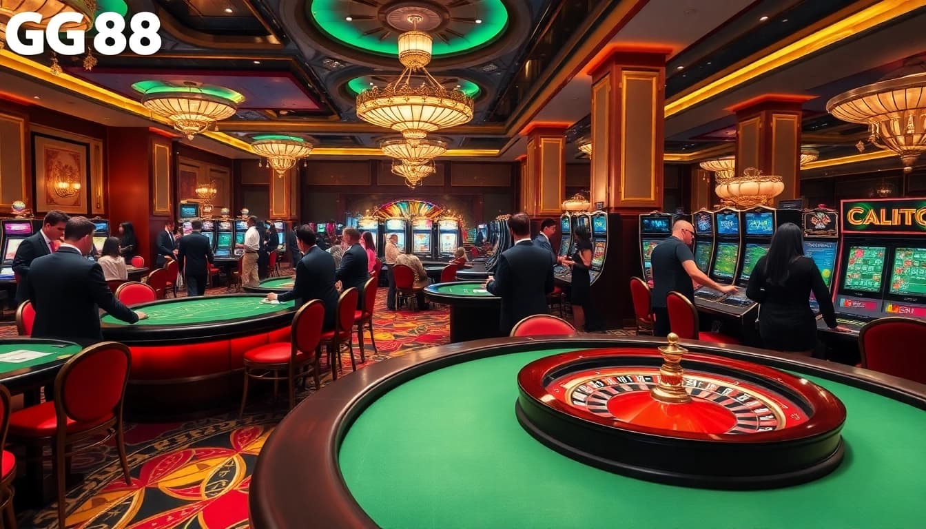 Gamblers enjoying a lavish experience at a casino, highlighting https://gg88.black/ with vibrant tables and exciting games.
