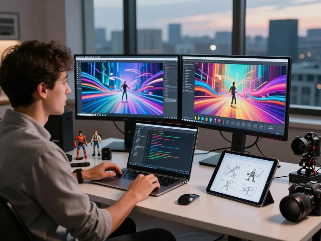 Dynamic workspace highlighting motion control ai innovations with vibrant animations.