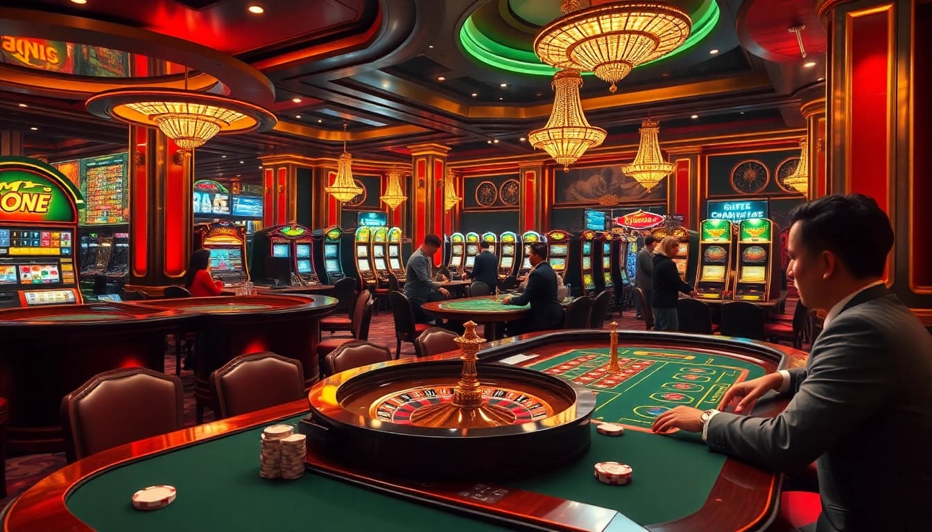 Enjoying thrilling gameplay at F8BET COM, featuring vibrant casino tables and slot machines.