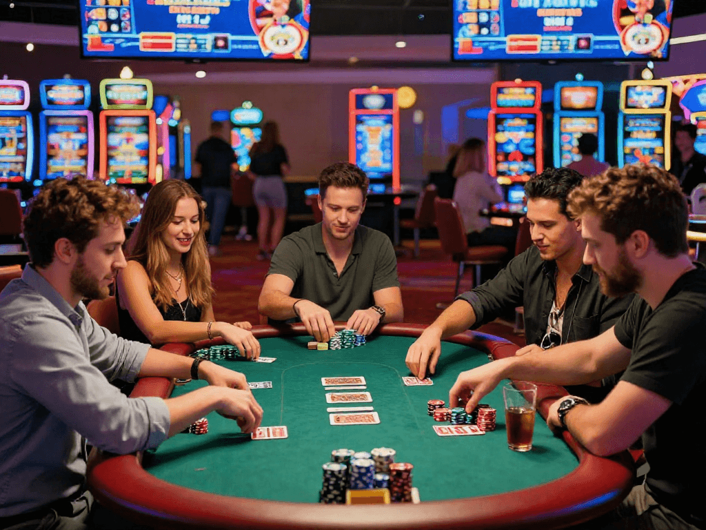 Exciting poker game at rokok88 casino with friends enjoying thrilling gambling atmosphere.