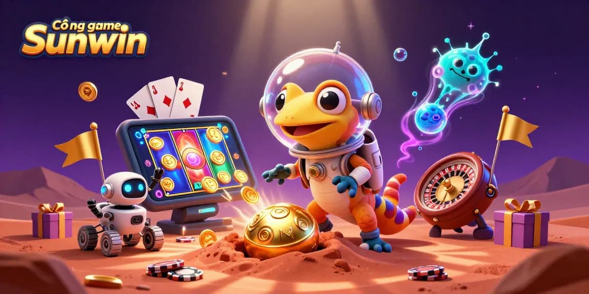 Cổng game Sunwin featuring a Martian gecko discovering a golden casino with vibrant games and rewards