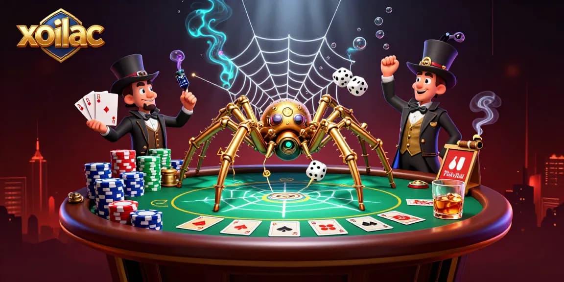 Experience the thrill of gambling with xoilac's vibrant 3D steampunk illustration showcasing poker and whimsical characters.