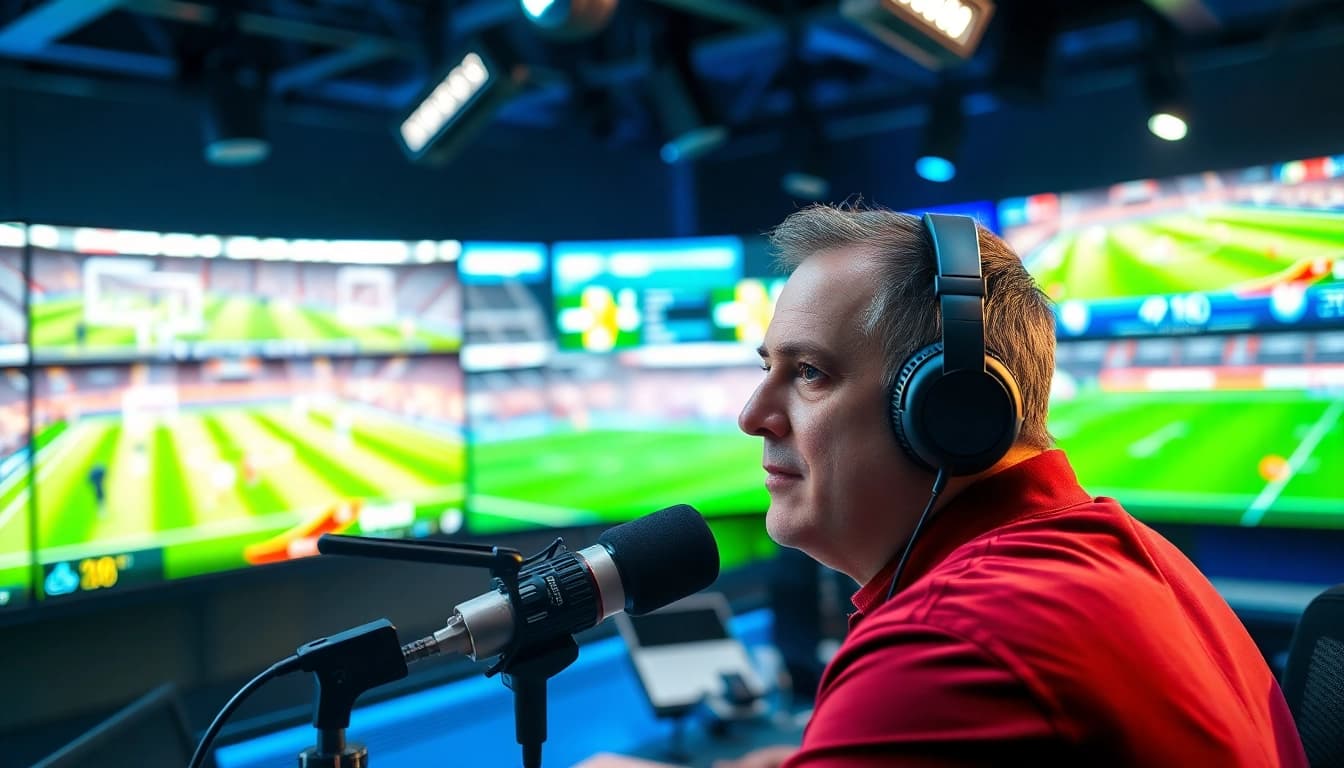 Announcer engaged in sports broadcasting in a vibrant studio, capturing live sports excitement.
