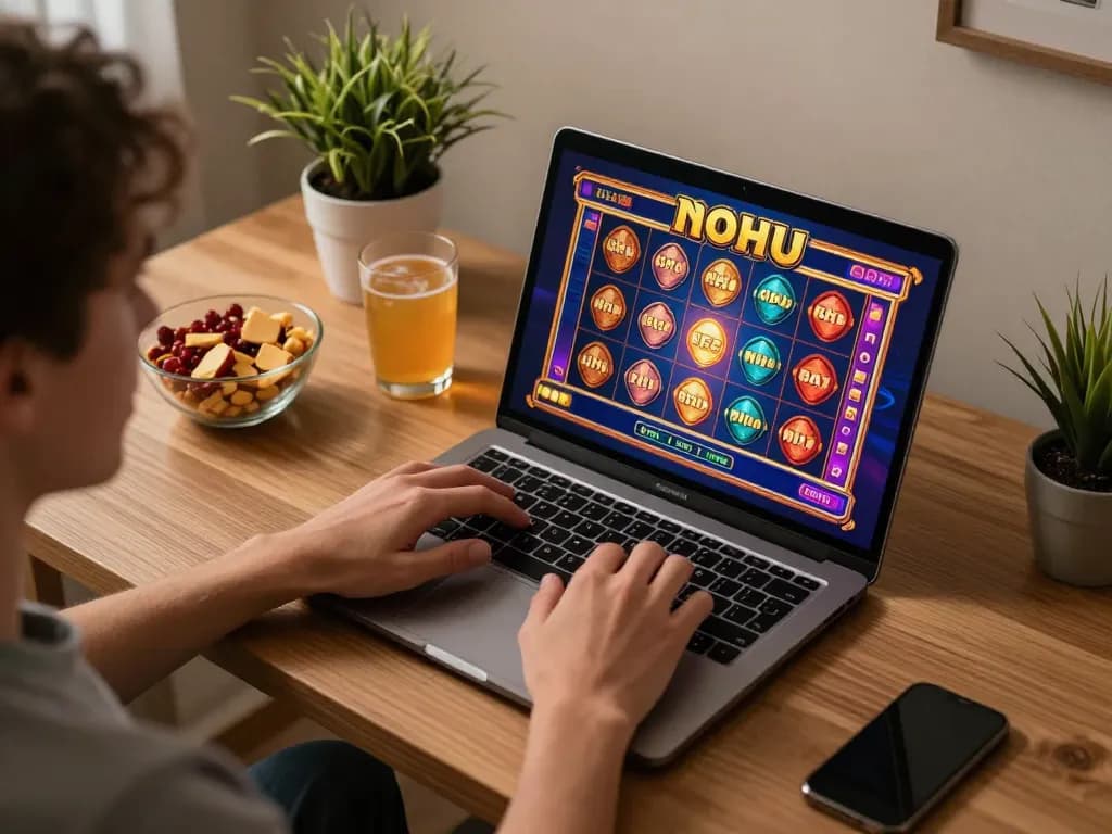 Engaging in an exciting nohu-themed slot game at a cozy online gaming setup.