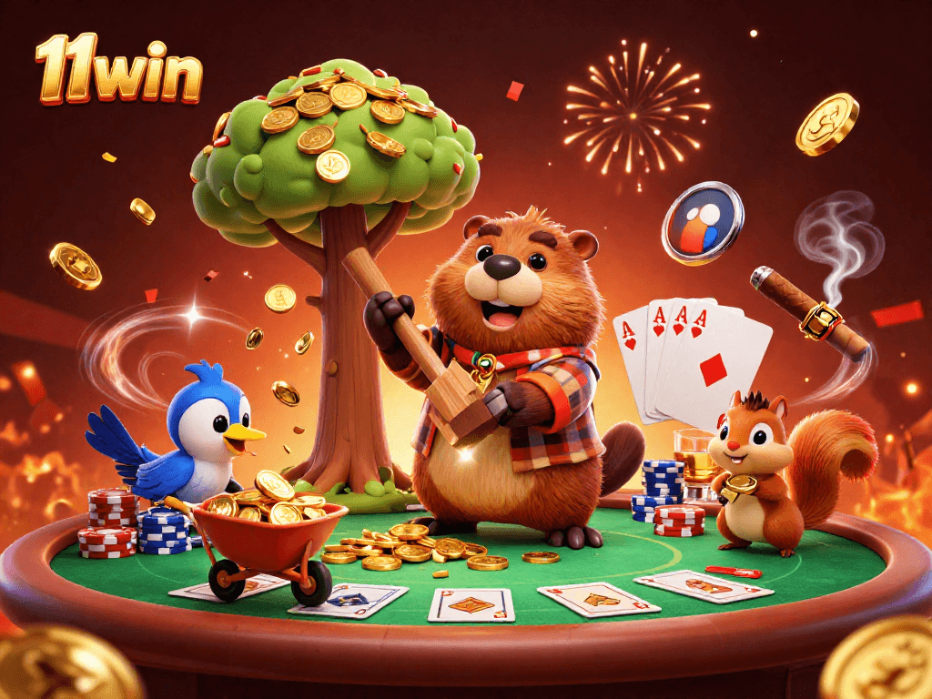 11win invites players to enjoy a lively cartoon scene of gambling excitement with beavers and poker elements.