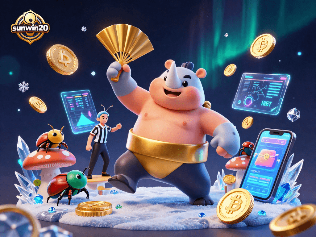 Experience thrilling gaming with sunwin20, featuring a beetle champion amidst vibrant casino elements.