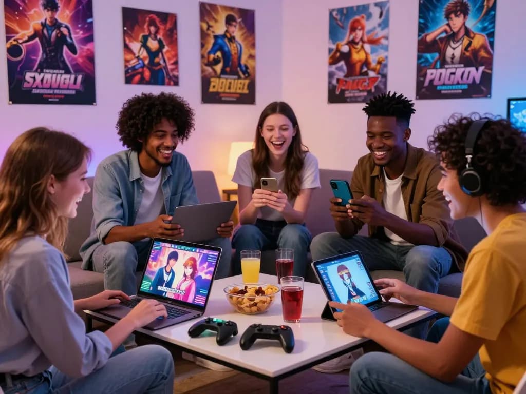 Friends enjoying a lively gaming night with sex games online across multiple devices in a cozy living room.
