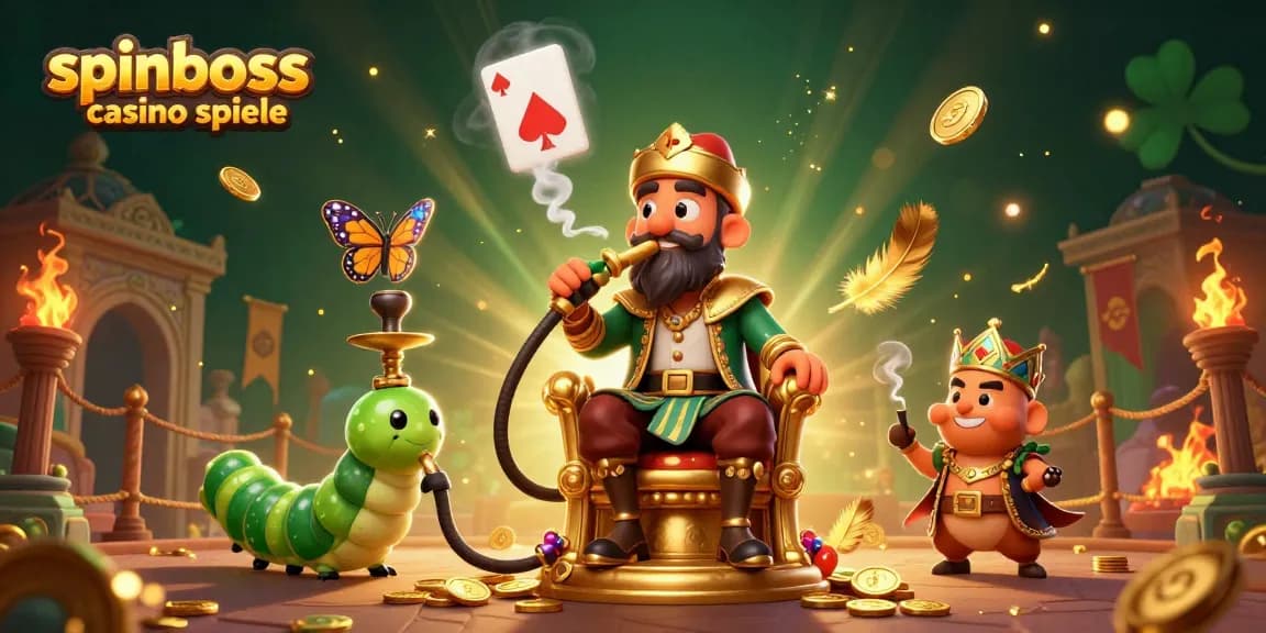 Spiele SpinBoss Casino Spiele mit einem faszinierenden 3D-Bild eines großen Raupens, der im Sultans-Outfit auf einem goldenen Thron sitzt.