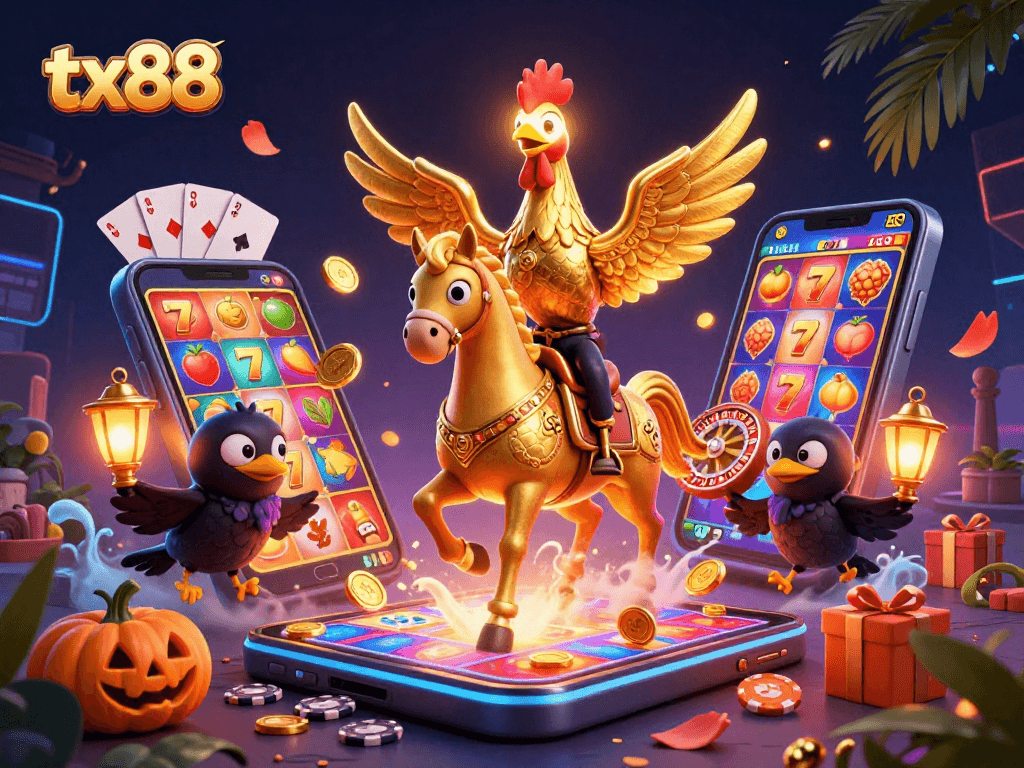 Experience thrilling gameplay at tx88 with a golden rooster mascot amidst a vibrant casino scene.