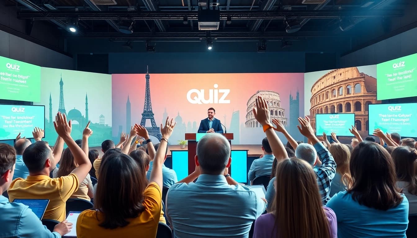 Begeisterte Menschen nehmen am Europa Quiz teil und interagieren aktiv.
