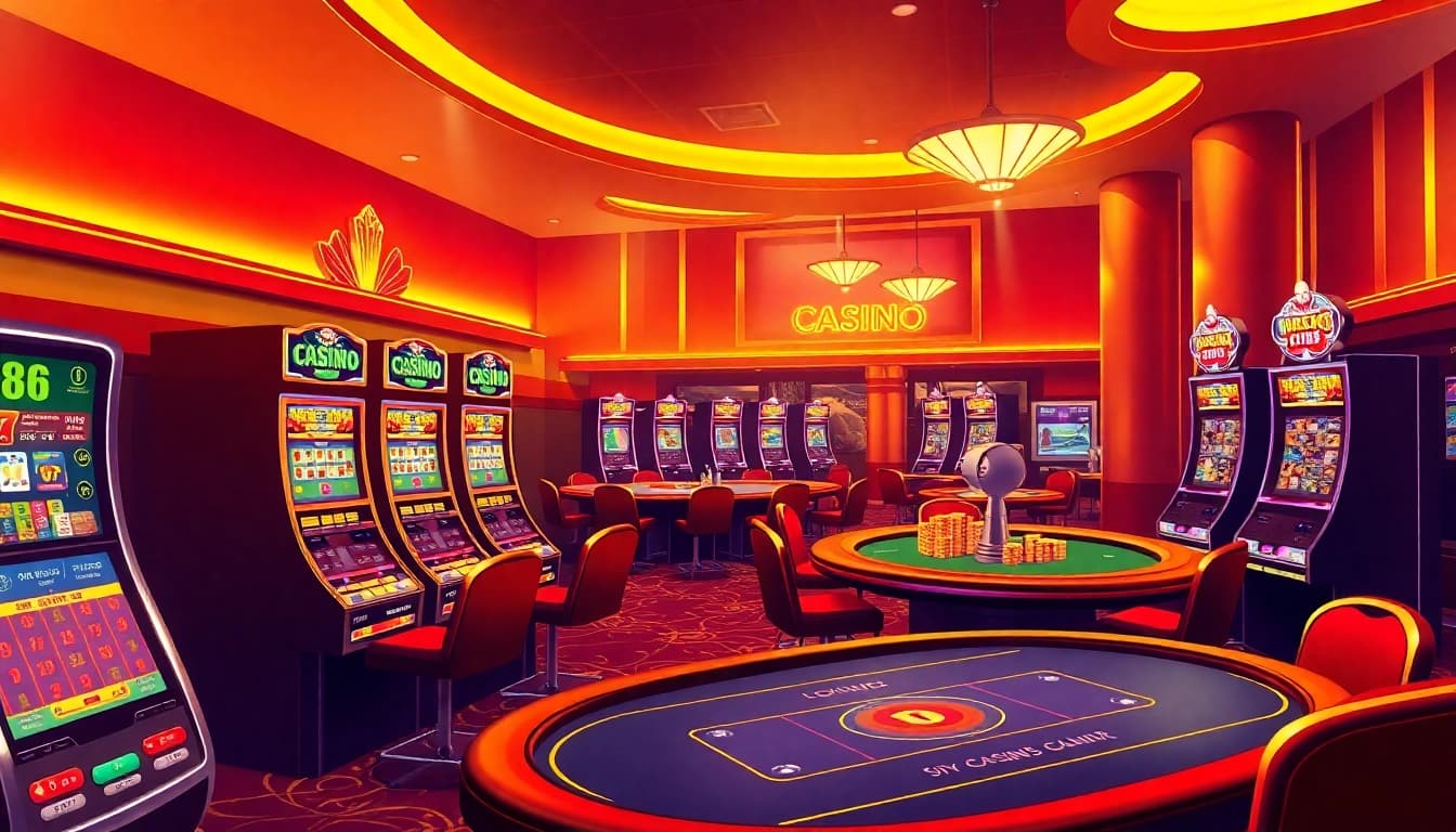 Play exciting games at an online casino schweiz, showcasing bright slot machines and a lively gaming table.