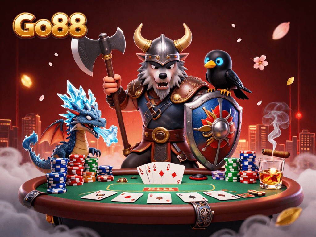 Experience Go88's vibrant 3D casino atmosphere with engaged characters and poker elements.