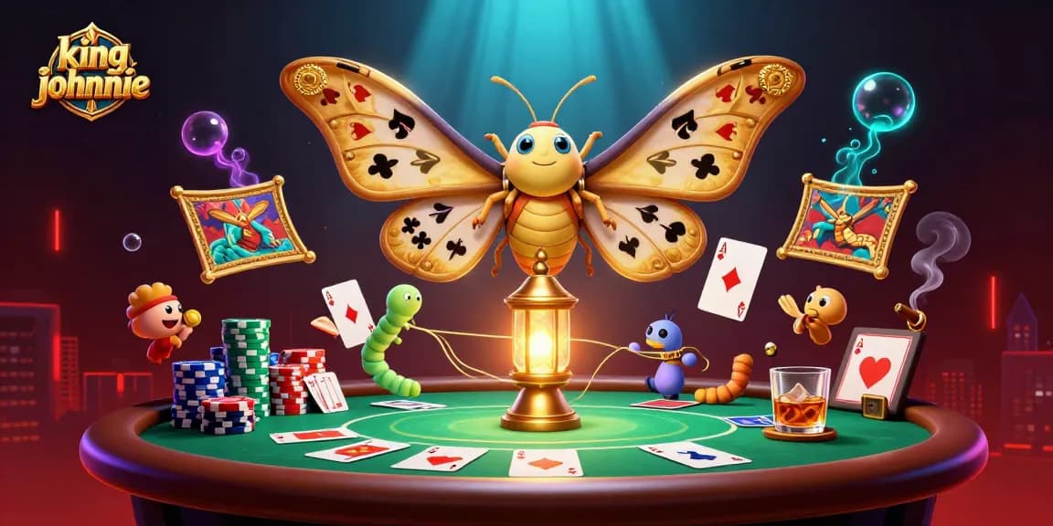 Engage in thrilling poker with kingjohnnie featuring golden moths and vibrant casino elements.
