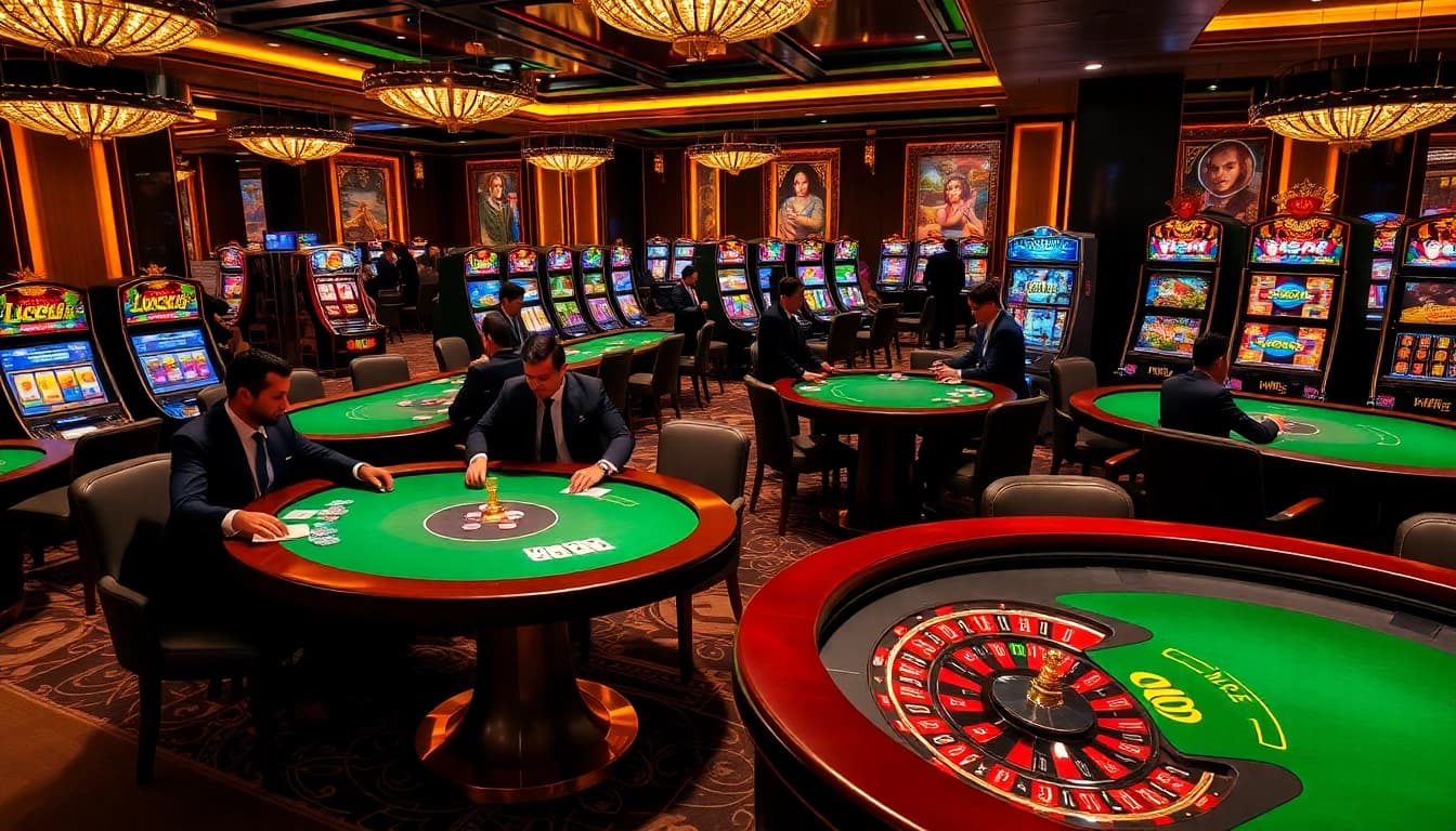 Người chơi tận hưởng LUCK8 tại một sòng bạc sang trọng với bàn poker và các máy đánh bạc đầy màu sắc.