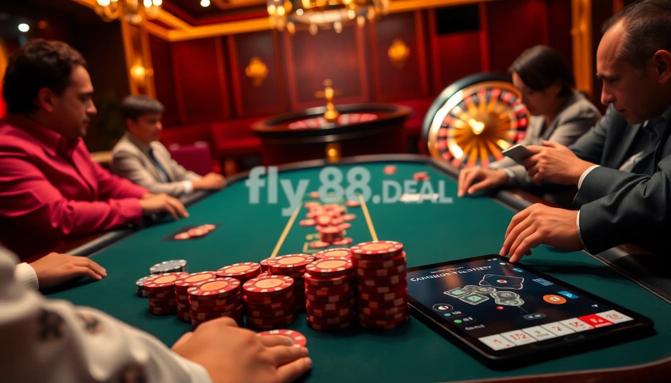 Players strategizing their bets at the fly88.deal poker table in a luxurious casino setting.