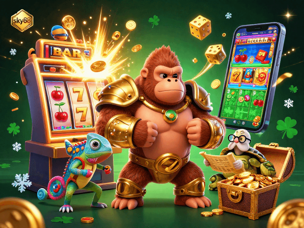 Win big with sky88's vibrant 3D casino illustration bursting with dynamic gaming elements and characters!