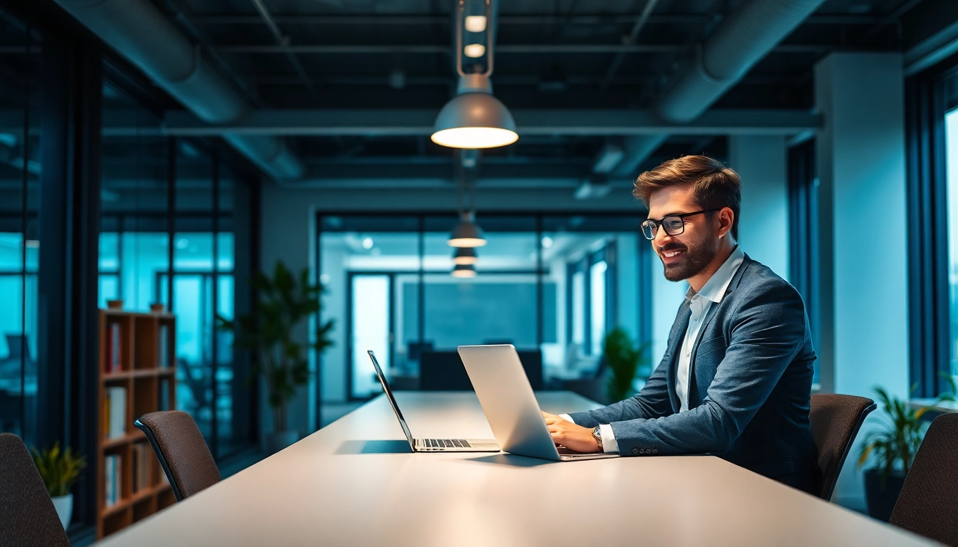 Headhunter IT arbeitet konzentriert am Tisch mit Laptop in modernem Büro.