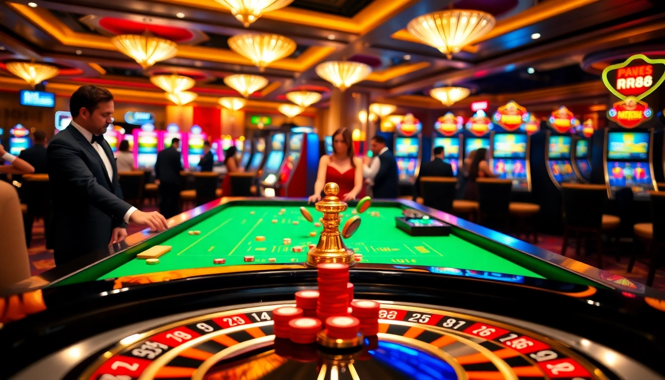 Players enjoying a thrilling roulette game at RR88 casino, showcasing vibrant, luxury ambiance.