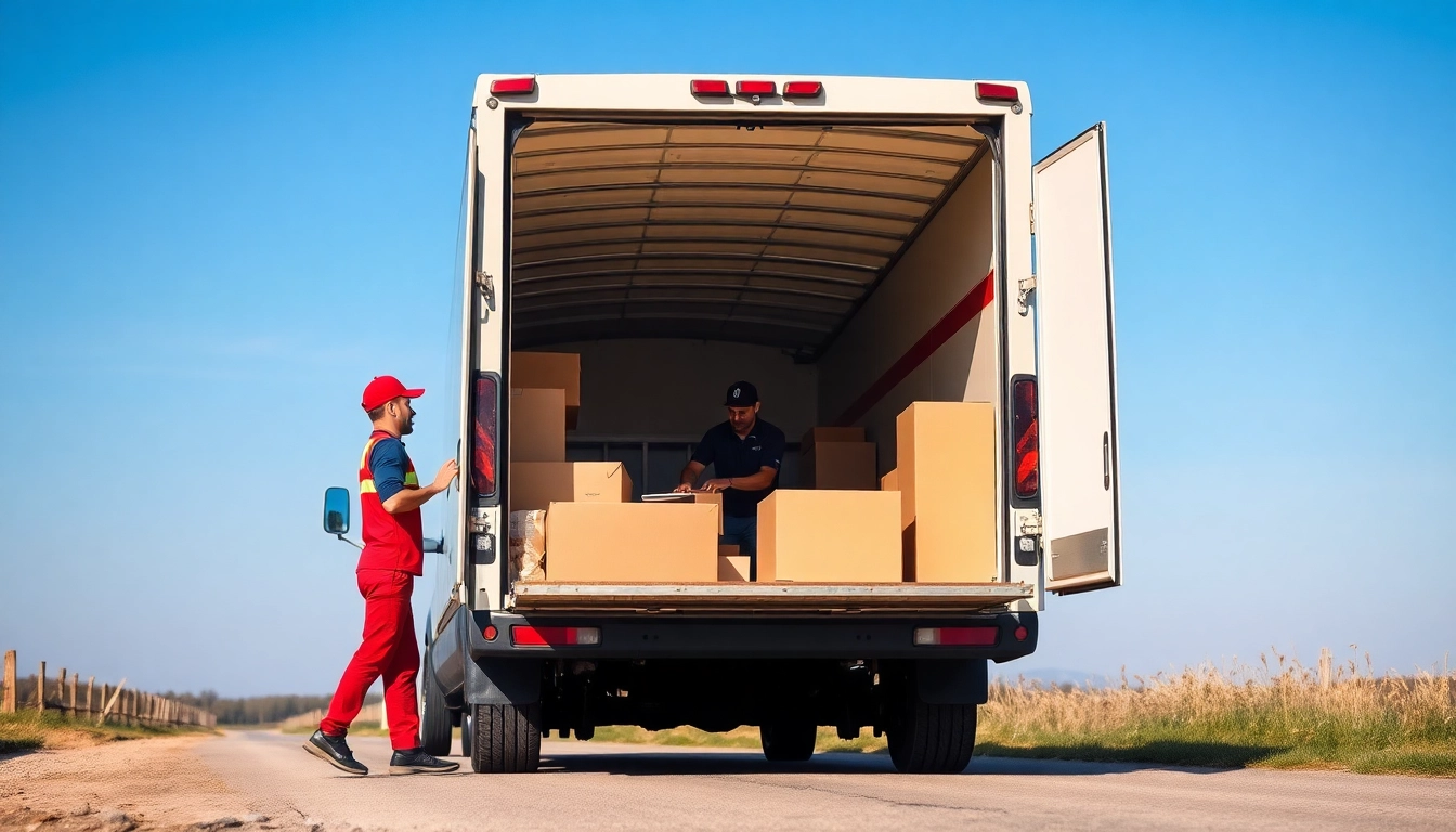 Professionelles umzugsunternehmen saarbrücken mit freundlichen Umzugshelfern beim Einladen von Möbeln in einen Lieferwagen.