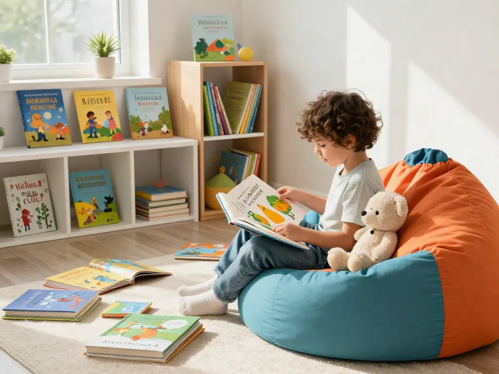 Engaging child with ROKOK88 login storybooks in cozy reading space.