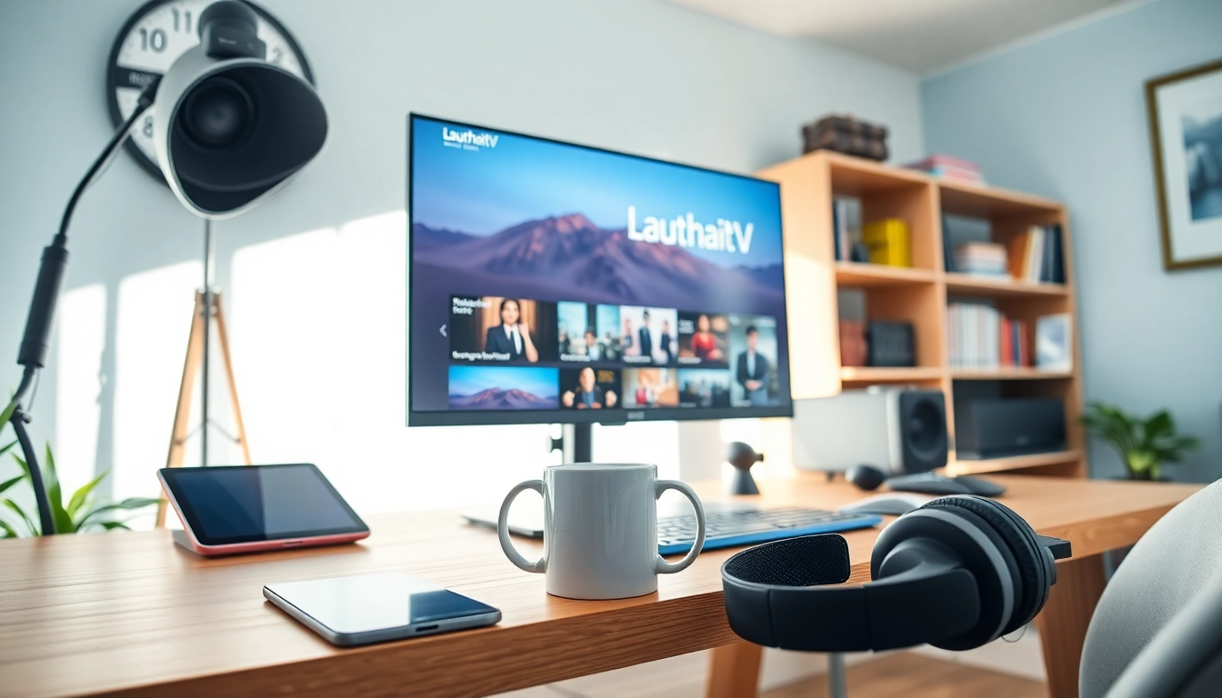 Dynamic home office setup showcasing Lauthaitv streaming platform on a modern monitor.