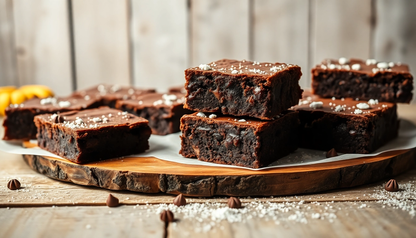 Daga brownies, frisch gebacken und stilvoll angerichtet auf einem Holzbrett, mit Puderzucker bestäubt.