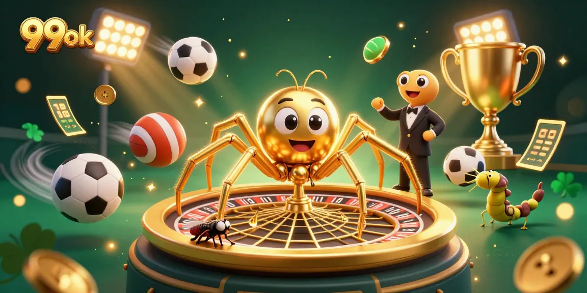 Engage with the thrilling dynamic playground of 99ok featuring a golden spider, roulette wheel, and croupier.