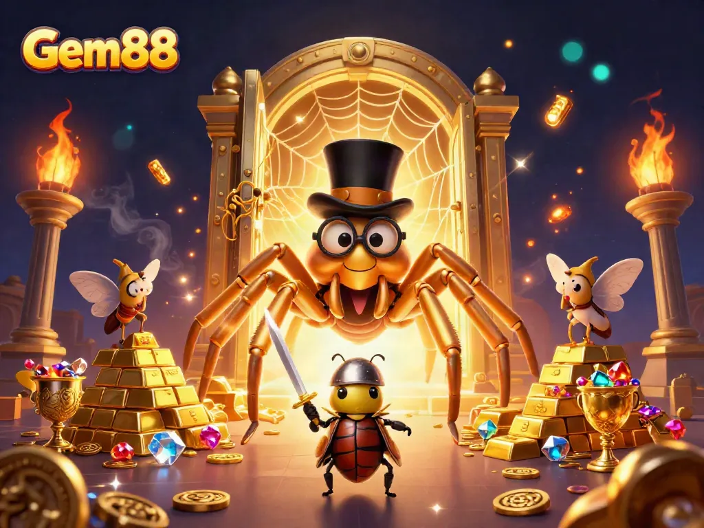 Experience Gem88 where a golden tarantula weaves a treasure web amidst dazzling casino riches.