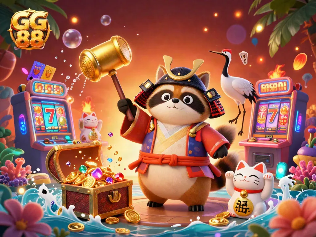 Play slot games at GG 88 with a cheerful tanuki and vibrant casino atmosphere.