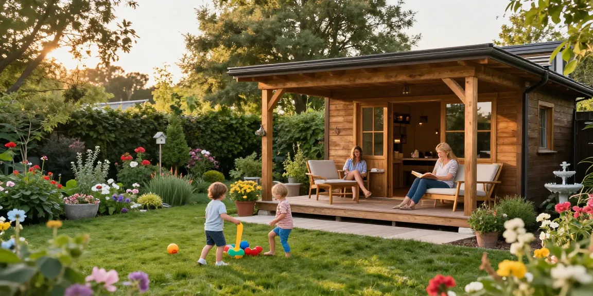 Bequeme Momente im Gartenhaus Holz mit spielenden Kindern und entspannten Eltern.