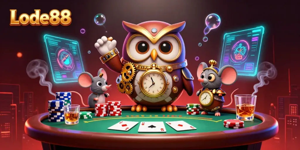 Experience the thrill of Lode88's casino adventure with time-traveling owl and vibrant poker elements.