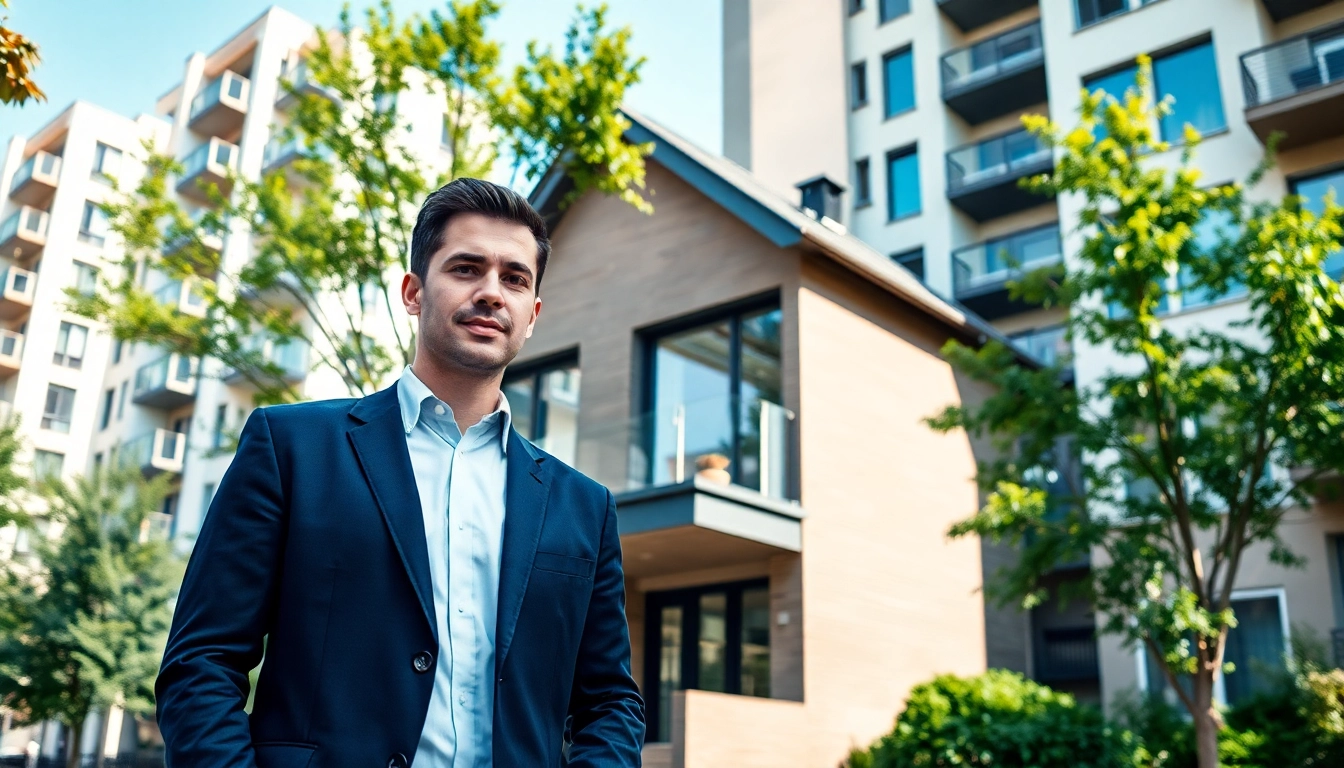 Immobilienmakler Frankfurt Eckenheim berät Kunden vor einem modernen Wohngebäude.