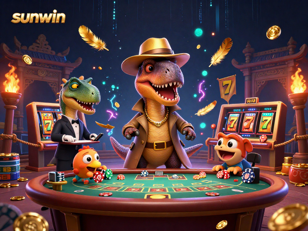 Experience thrilling gameplay at sunwin as cartoon dinosaurs engage in blackjack, showcasing vibrant casino elements.