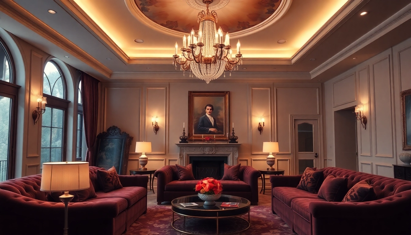 Luxury living room with elegant chandelier and plush sofas, showcasing comfort and richness.