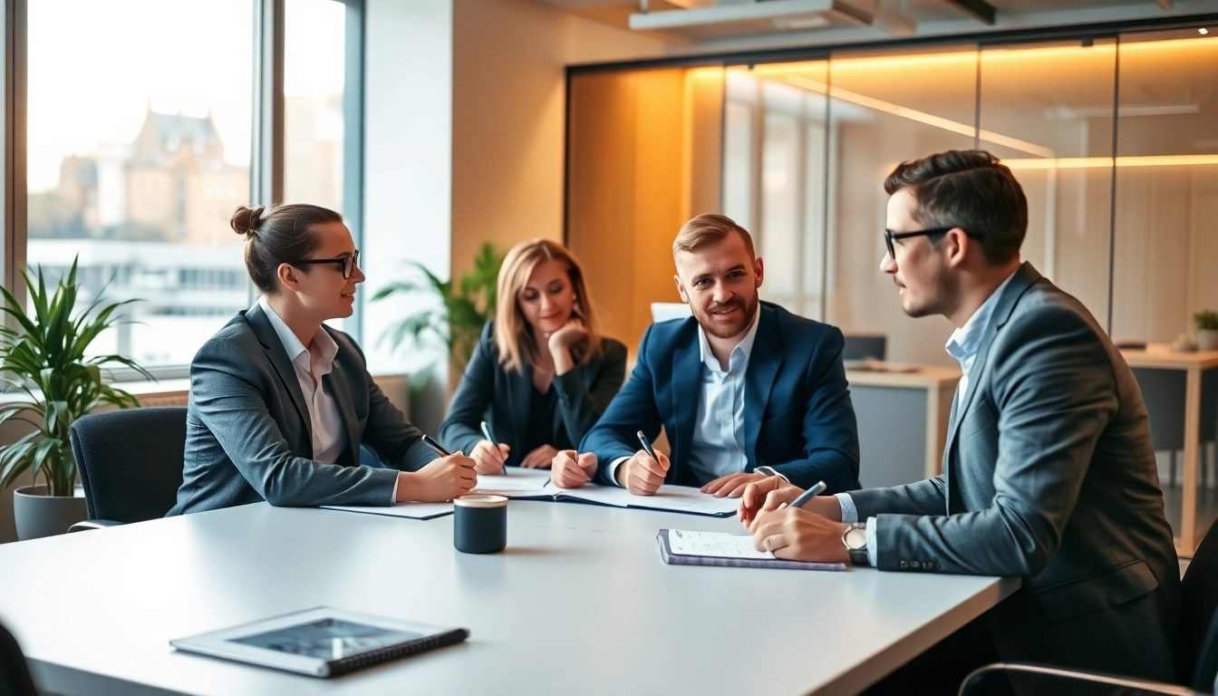 Berater im Bereich Unternehmensberatung diskutieren Strategien in einem modernen Büro.