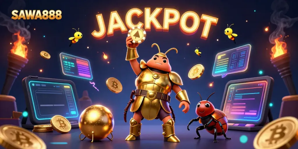 Experience SAWA888 with a jubilant 3D hercules beetle celebrating a jackpot amidst digital casino elements.