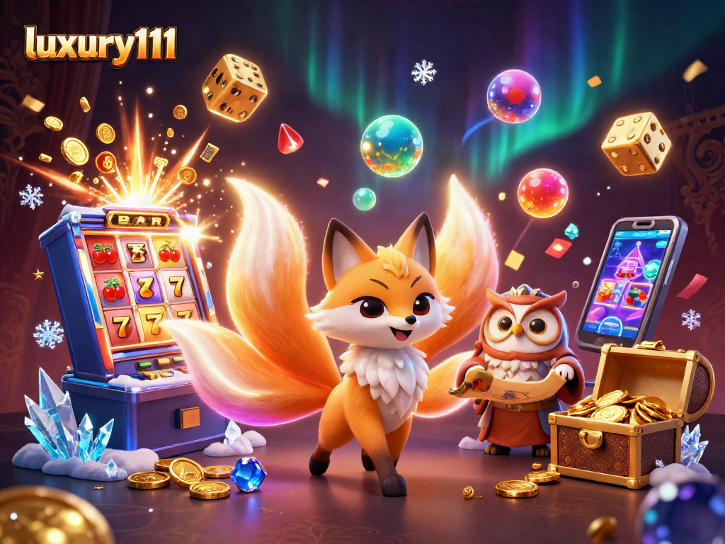 Play slots and win with luxury111 in this vibrant casino-themed 3D digital illustration.