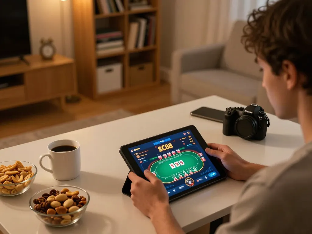 Player engaging with the SC88 app for a thrilling online poker match, showcasing strategic betting and keen focus.