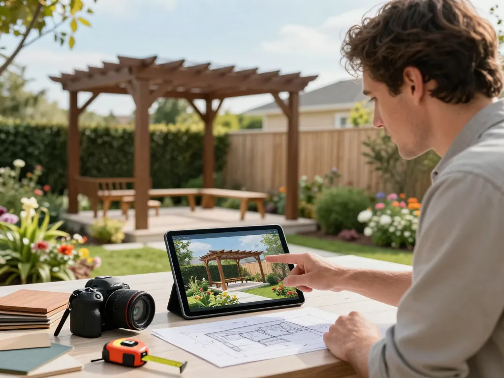 Software für Pergola-Installateure - Kollaborativer Designprozess mit einem Hausbesitzer und einem Designer, die eine 3D-Pergola-Visualisierung auf einem Tablet in einem Garten überprüfen.