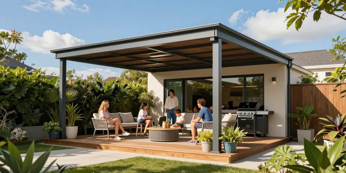 Moderne freistehende Terrassenüberdachung im Garten mit Familie bei sonnigem Wetter.